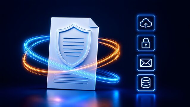 3D white document with embossed shield icon encircled by glowing neon rings and vertical interface icons representing digital data protection