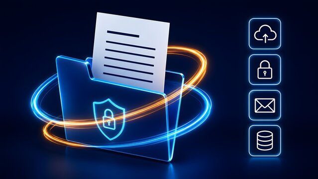 3D digital folder with shield and lock icon containing a document surrounded by glowing energy rings and network icons for secure data management
