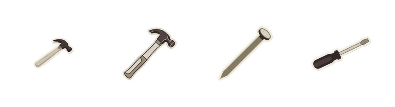 Retro hammer nail and screwdriver sticker icons set on grid backdrop.