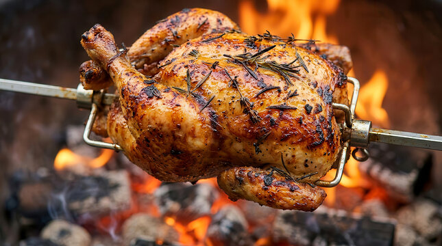 Whole chicken roasting on a metal spit over an open fire with rosemary herbs
