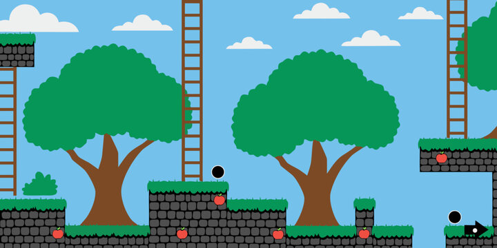 A vector illustration of a platformer game level with trees and apples