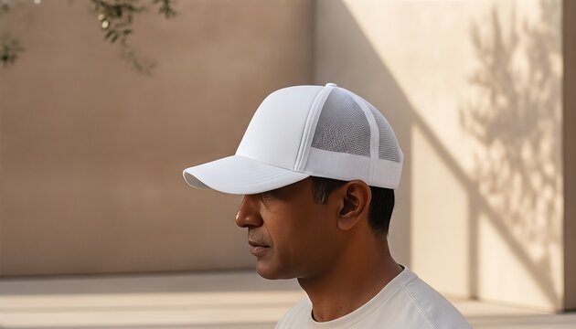 South Asian man wearing a blank white snapback cap in a sun drenched modern museum courtyard