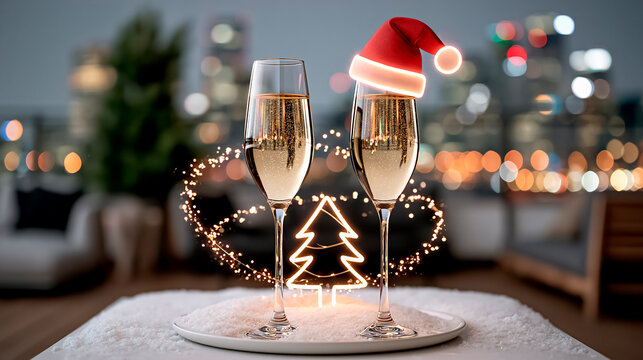champagne glasses with Santa hat, snow festive Christmas atmosphere