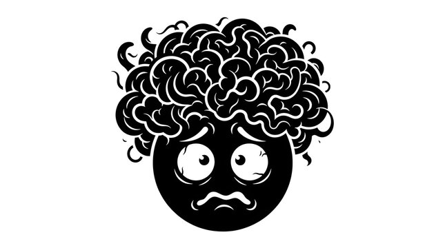 Black silhouette of a stressed cartoon character with a messy, exploding brain or frizzy hair, showing confusion, burnout, and mental overload.