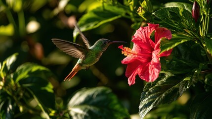 Fototapeta premium Vibrant Hummingbird Approaches Bright Red Hibiscus Flower in Lush Greenery During Daytime Natural Setting