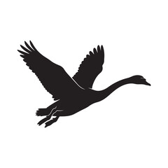 Fototapeta premium Black silhouette of a swan flying gracefully with wings spread wide against a clean white background