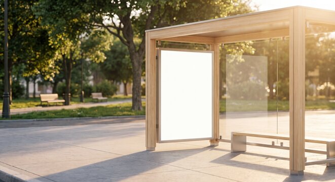 Outdoor advertising mockup featuring a blank poster lightbox inside a modern wooden bus shelter on a sunlit urban street