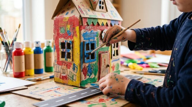 A creative child painting a colorful handmade cardboard toy house at a craft table.