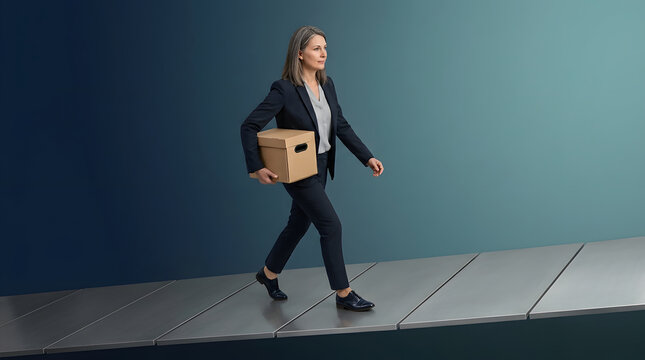 Businesswoman, career move and box walking for office transition, new job and relocation. Corporate lady, success and path with personal items, layoff and hiring or promotion at professional company