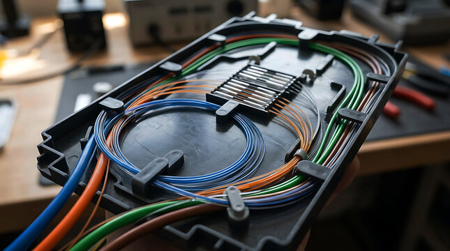 Colorful fiber optic cables inside a black plastic distribution tray box.