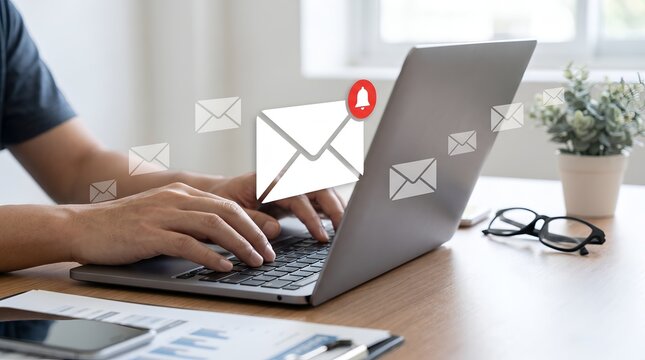 Person typing on laptop with email notifications