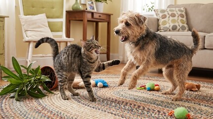 Plakat Cat and dog playing together in a living room, pets interacting at home