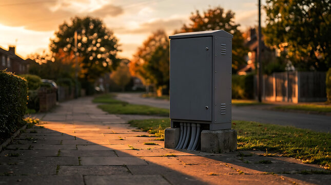 Grey utility box standing on a sidewalk during a beautiful autumn sunset.