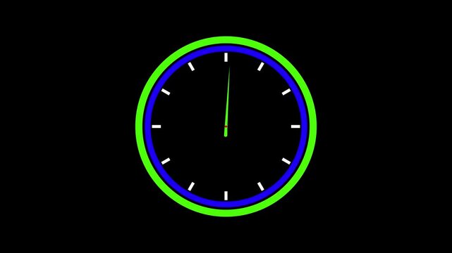 Neon green and blue glowing analog clock animation on a dark black background.