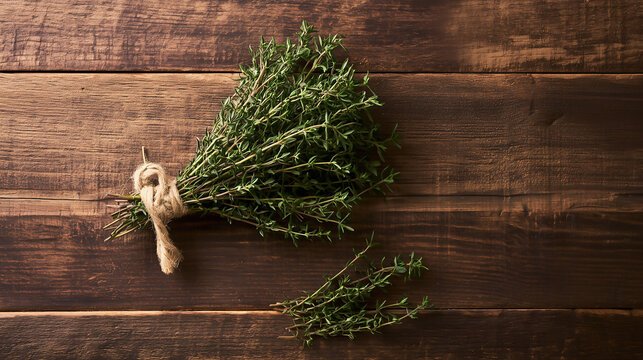 A bundle of fresh thyme herbs tied with twine lying flat on a dark wood grain table, with a few sprigs scattered nearby.
