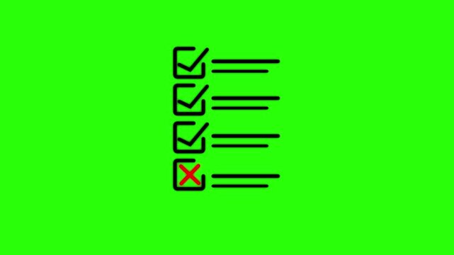 Animated checklist with checkmarks and red x cross on green screen background, animation