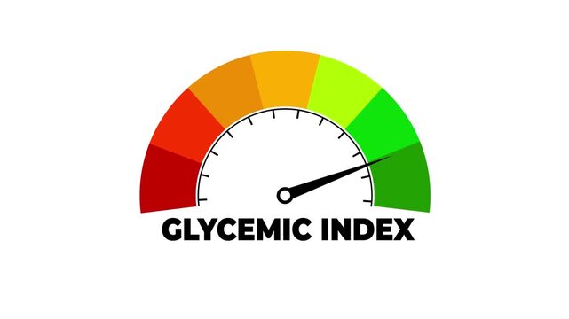 Glycemic index level on measure scale. Instrument scale with arrow. Colorful infographic gauge element. Flat diabetes healthcare animation.