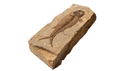 Prehistoric fossil specimen showing a primitive fish skeletal imprint in rectangular stone block © Mia