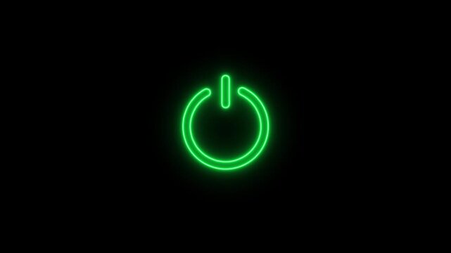 Glowing green neon power button animation on black background, for technology interface, and startup concept