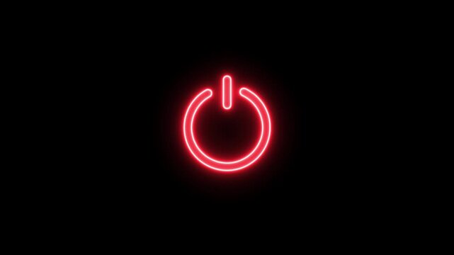 Red neon power button symbol glowing on black background, digital interface animation