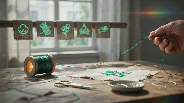 Hand stitching fabric with glowing green icons and thread spool on wooden table