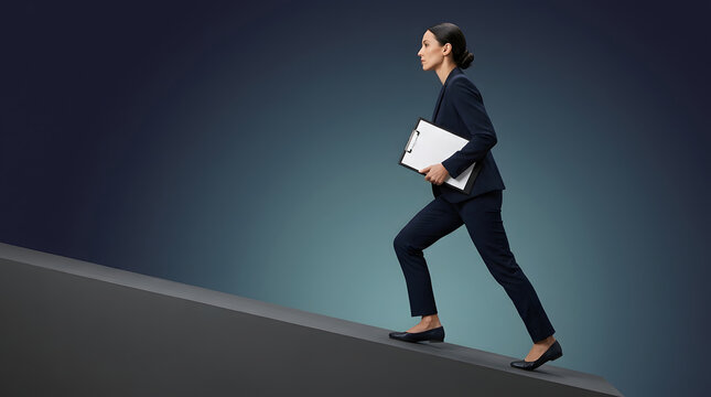 Business woman climbing and growth with career, success and professional ambition on slope. Corporate leadership, development and goal for motivation, achievement and future planning at work task
