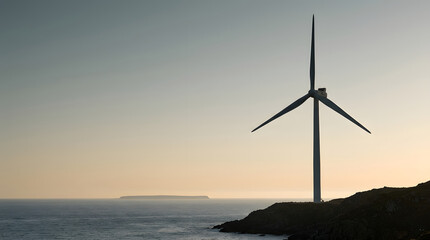 Obraz premium Wind turbine, energy and power on coast with renewable source, clean electricity and environment at sunset. Sustainable, offshore and ecological with engineering, industry and landscape for light air