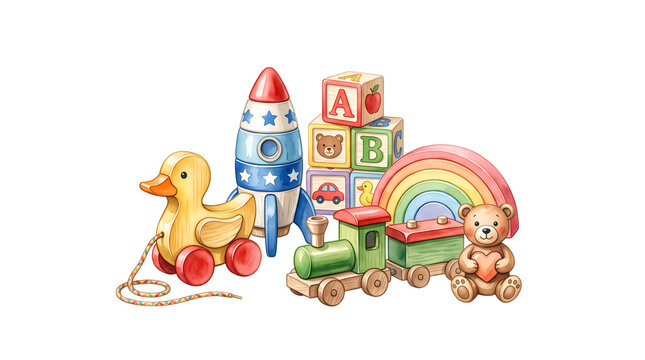 Hand painted watercolor collection featuring a colorful pull along duck rocket ship alphabet blocks train rainbow and cute teddy bear for kids