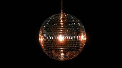 Obraz premium Sparkling Disco Ball Hanging Against Solid Black Background with Reflections and Illumination, Perfect for Party and Dance Themes