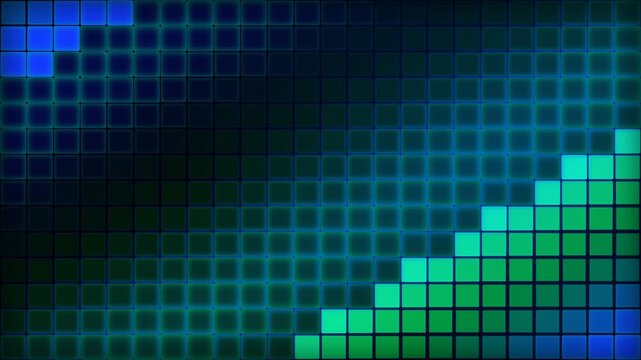 Abstract digital pixel art featuring a gradient of blue and green squares