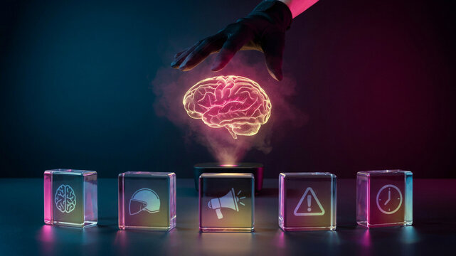 Futuristic brain hologram interface with interactive control cubes
