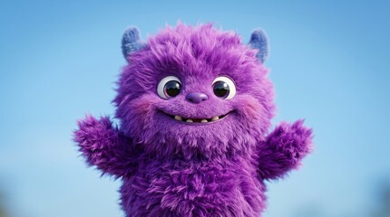 Fototapeta premium Cute Fluffy Purple Monster Isolated on Blue Background, Funny Yeti Halloween Character