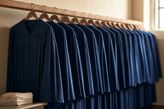 Row of simple deep blue church gospel choir robes on a plain wooden rail in an empty vestry, folded white collars on a bench below, soft daylight, copy space.