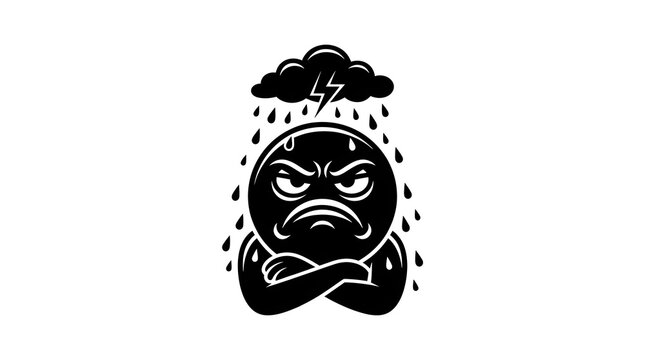 Silhouette vector of a grumpy cartoon character with crossed arms standing under a stormy rain cloud with lightning, depicting bad luck or a bad mood