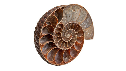 Fossilized spiral ammonite shell ancient prehistoric marine creature specimen isolated macro structure © Mia