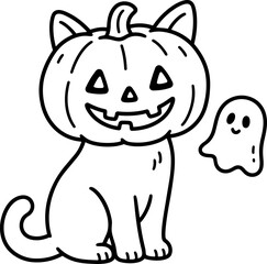 Obraz premium Pumpkin costume cat ghost Halloween hand drawn monoline icon illustration for spooky pets, seasonal celebrations, costumes, Halloween cards and festive designs.