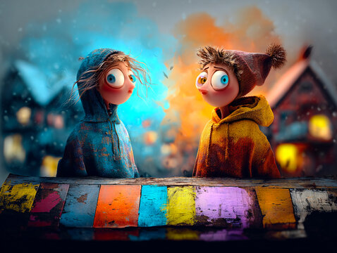 Conceptual stylized illustration of children with robotic and deformed digital eyes, depicting information overload, internet addiction, peer alienation, and mental health in the tech age.