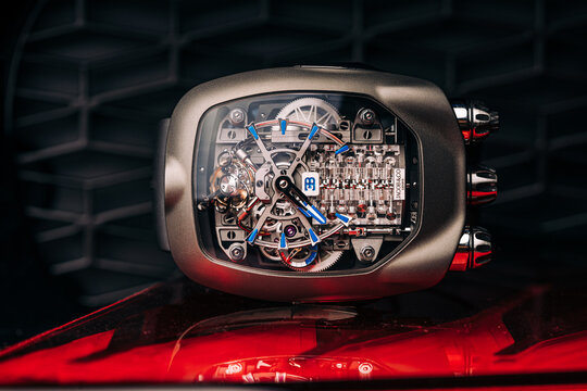 LA, CA, USA
September 2, 2026
Jacob and Co. Bugatti Chiron Tourbillon Skeleton Titanium Watch on the engine