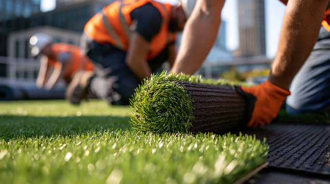 Construction crew installing artificial turf on a rooftop football pitch in a dense urban neighborhood, rolls of green surface material, workers aligning seams and preparing