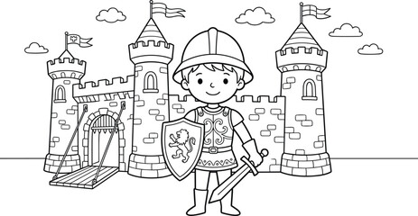 Fototapeta premium Knight boy with lion shield stands near castle gate black line art coloring page for kids