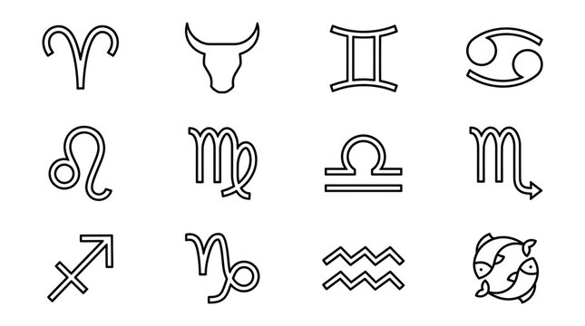 Set of twelve zodiac sign icons representing astrological symbols in a clean black and white line art style for horoscope and divination concepts.