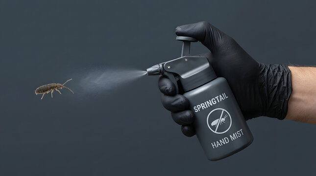 Pest control, hand and spraying insect for home maintenance, hygiene and bug removal. Glove, spray bottle and springtail with chemical treatment, pest elimination and safety for household hygiene and