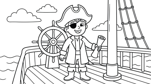 Pirate boy with an eye patch at a ship's helm, holding a rolled treasure map