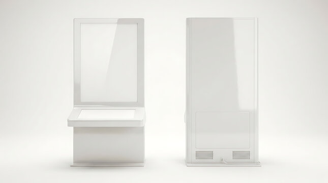 Modern White Interactive Digital Kiosk Display Unit With Touchscreen And Card Reader Options Against A Clean White Background Studio Setting