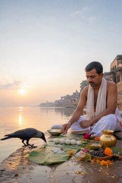 Hindu man offering Pitru Paksha ritual food to crow at riverbank