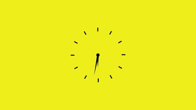 Minimalist clock face animation on yellow background, fast time passing concept, seamless loop motion