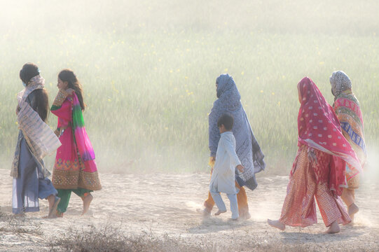 Okara, Punjab, Pakistan - 13 March 2024: View of a group of women and a child walking through a dusty field near the shrine of Hazrat Daud Bandagi Kirmani.