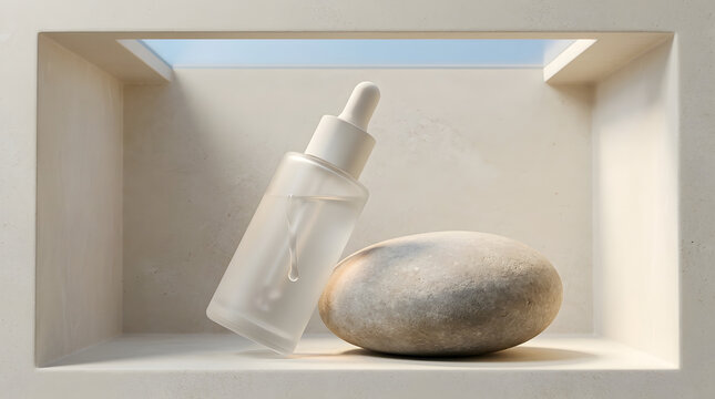 Skincare serum bottle, stone and niche for beauty product mockup, organic cosmetic and branding. Health, wellness and liquid dropper with pebble for natural treatment, spa and cream container