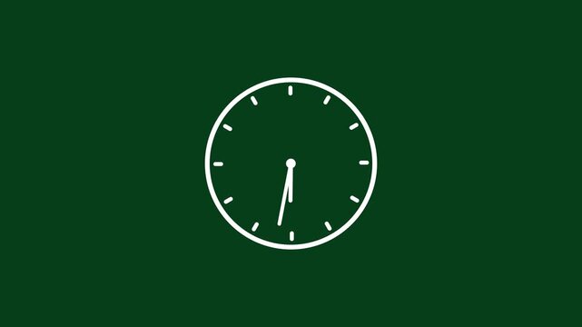 Minimalist clock face animation with fast spinning hands on dark green background, time watch timer, passing time