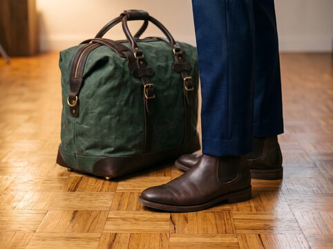 Green Waxed Canvas Duffel Bag with Brown Leather Trim Beside Man in Navy Trousers and Chelsea Boots on Parquet Floor for Travel and Menswear Themes